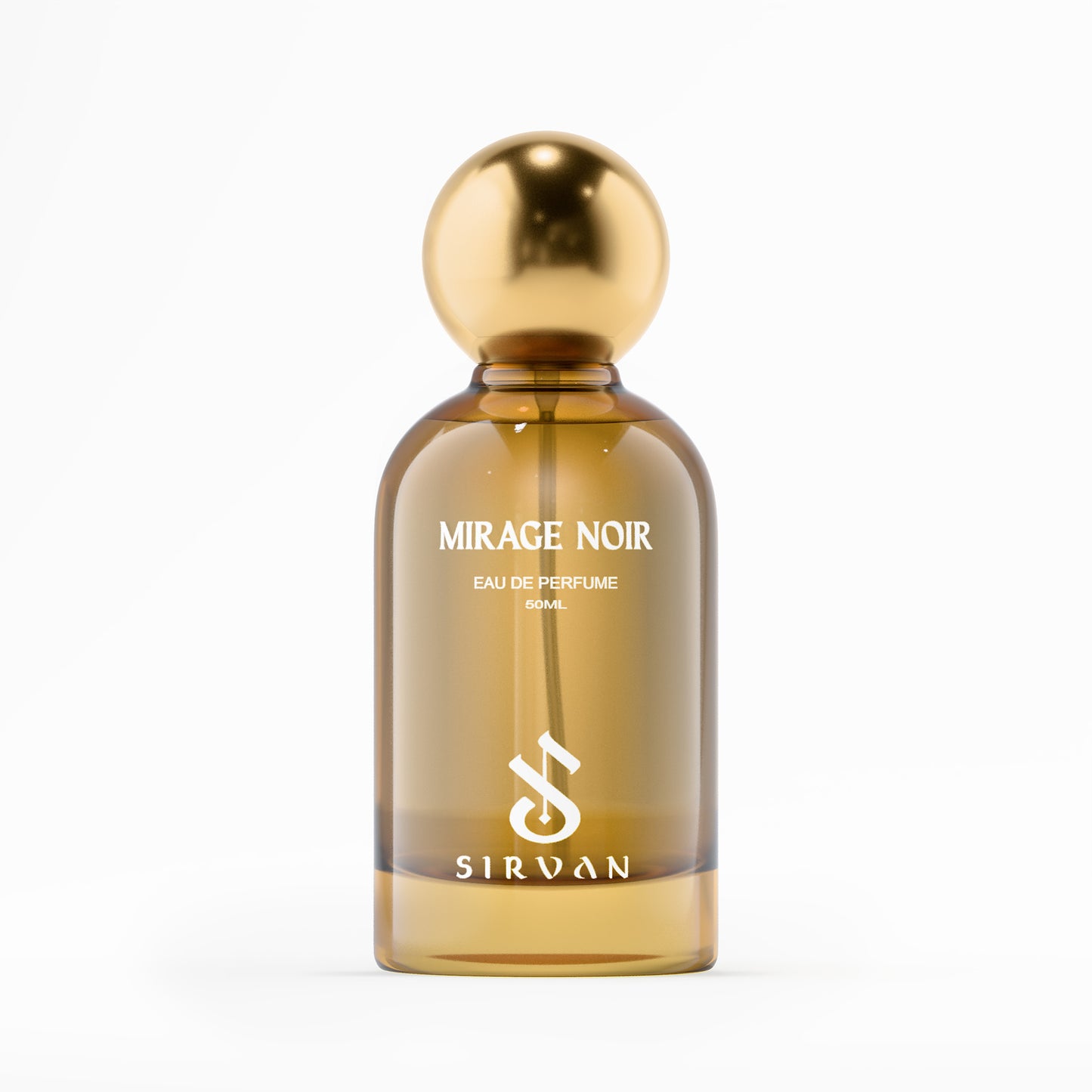 Amber glass bottle with gold cap—Mirage Noir Eau de Parfum by SIRVAN, long-lasting, on a white background.