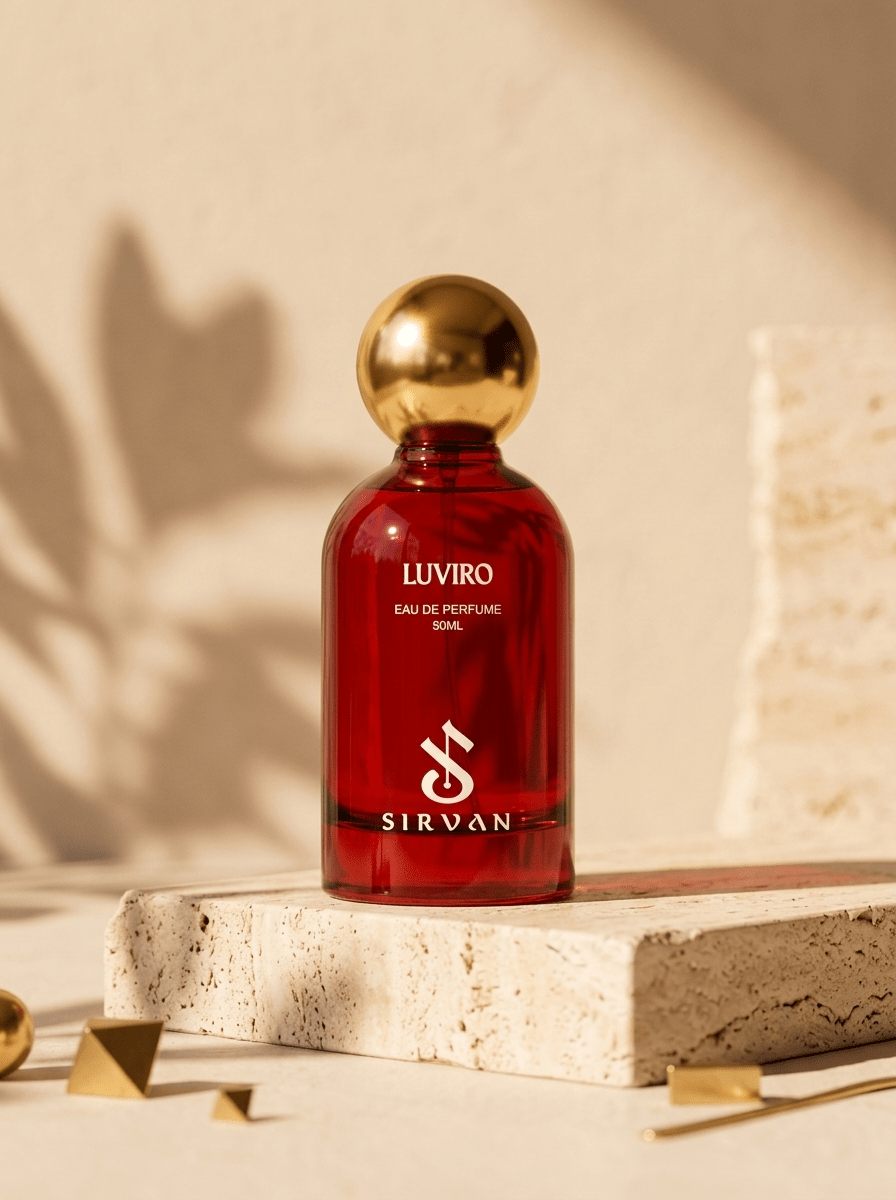 A red SIRVAN Luviro — Eau de Parfum bottle with a gold cap sits on stone, glowing in gentle sunlight.