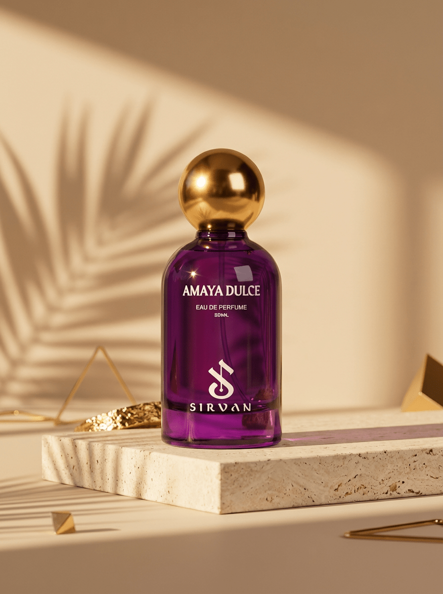 A purple, cruelty-free SIRVAN Amaya Dulce Eau de Parfum with gold cap rests on a stone slab with palm leaf shadows.